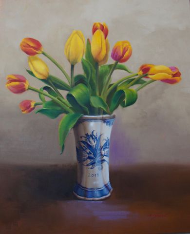 Tulips in Delft Vase 24x20 at Hunter Wolff Gallery